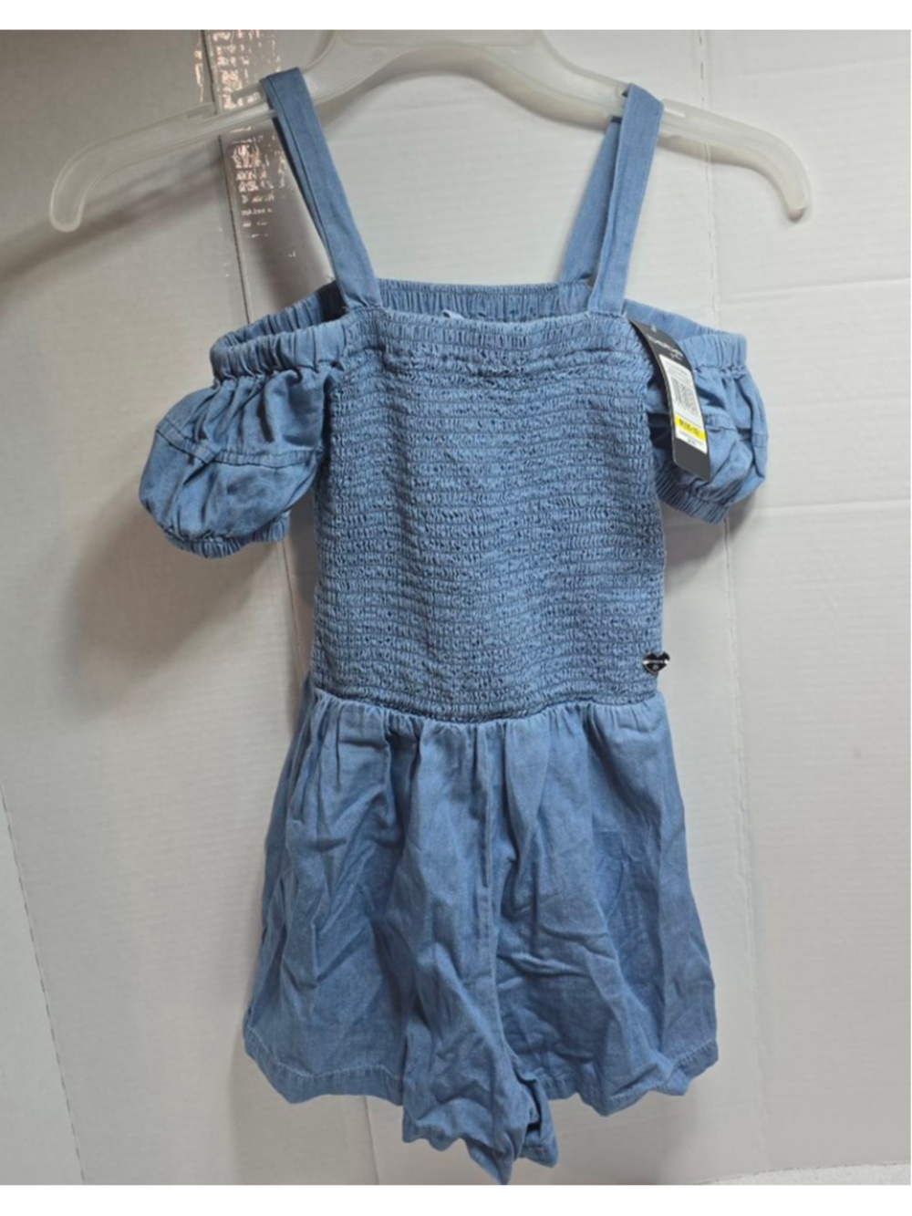 Girls bebe girls Blue Chambray Off-Shoulder Romper M(10-12)